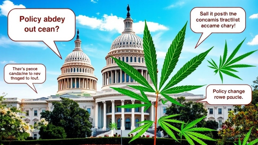 Federal cannabis reform illustration with U.S. landmarks and cannabis leaves.
