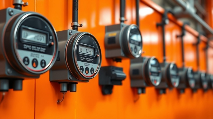 Digital energy meters on an orange wall, illustrating power management.