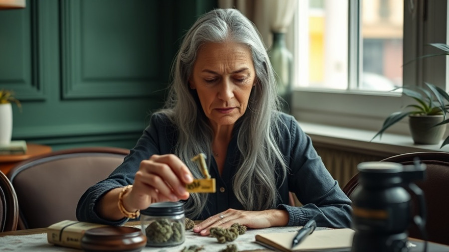 Mature woman explores cannabis in a contemporary setting.