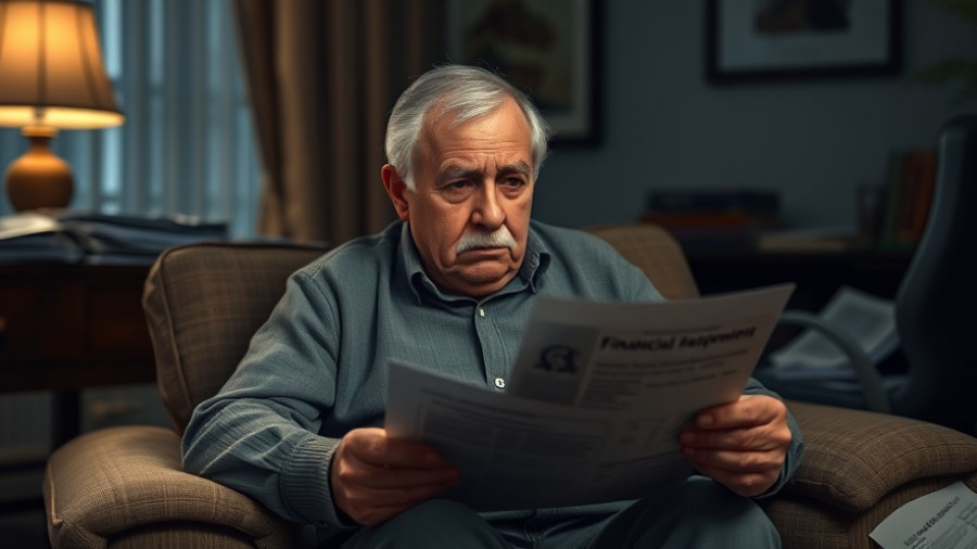 Concerned senior examining financial documents, highlighting coercive control.