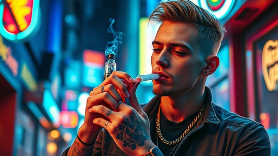 Fashionable young man using vape device in neon-lit urban setting.