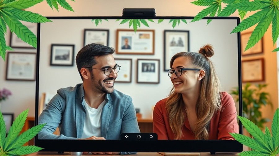 Professionals discussing cannabis industry compliance in a video call with themed border.