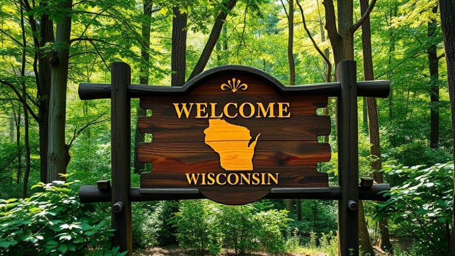 Wisconsin welcome sign amidst lush forest, highlighting Wisconsin hemp THC cafes.