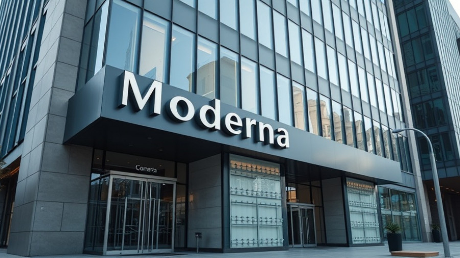 Moderna building entrance showcasing corporate logo in urban setting.