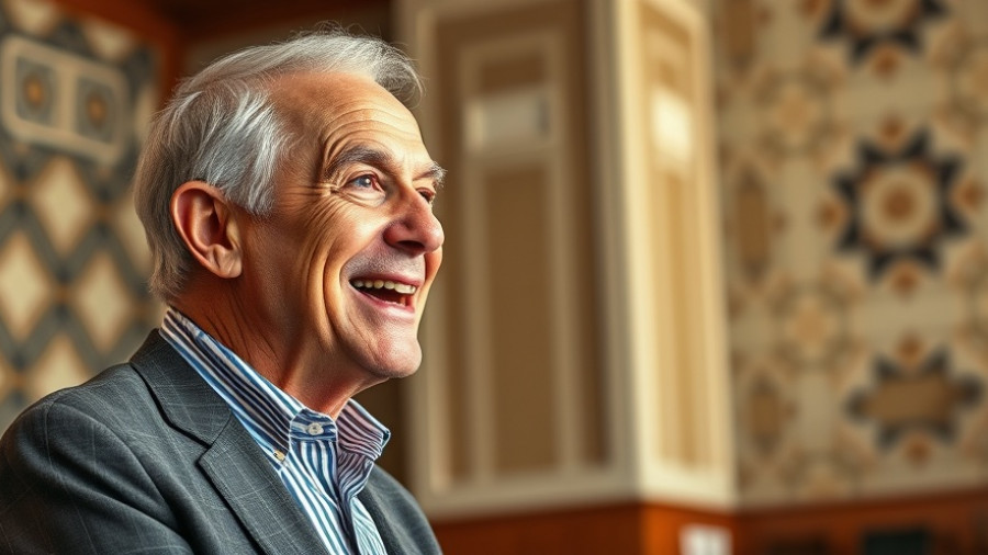 Elderly man speaking indoors, photorealistic image.