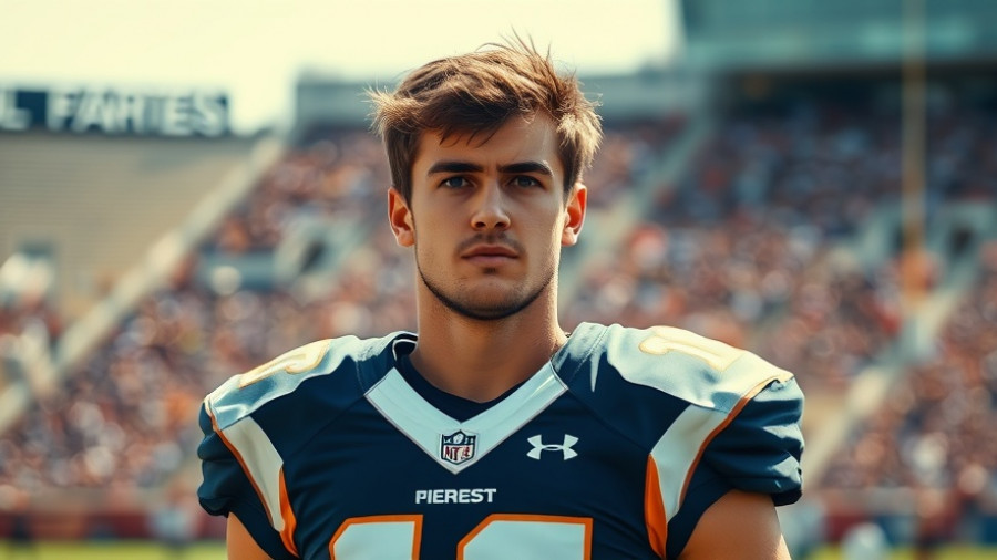 Focused football player in uniform, standing determined on field.