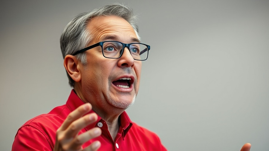 Middle-aged man discussing data plus AI insights indoors, even lighting.