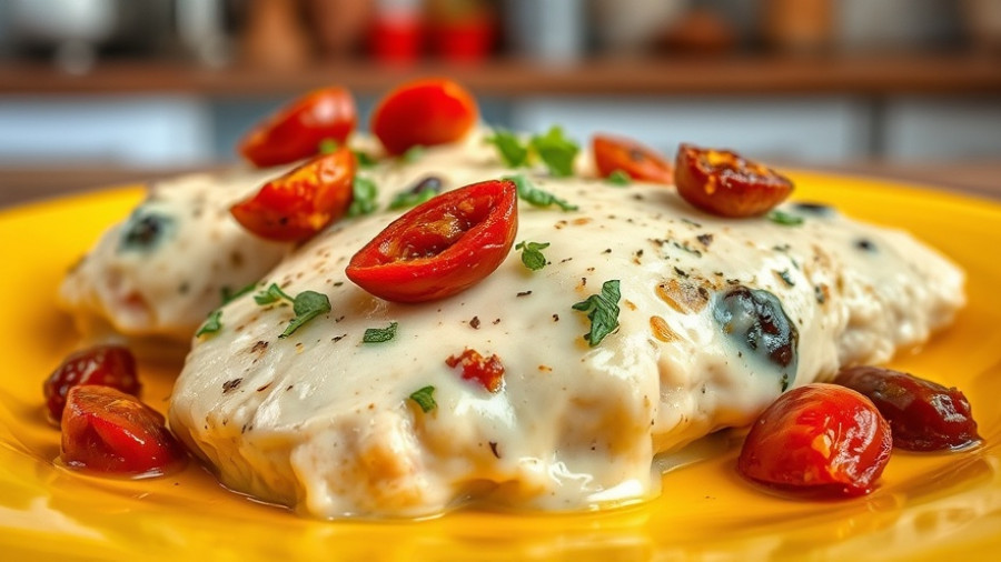 Chicken and sun dried tomato recipe on a yellow plate.