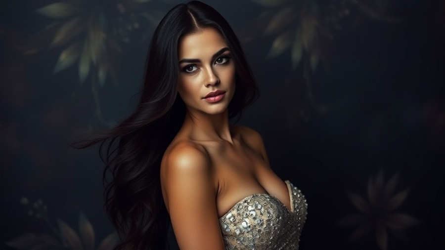 Elegant woman in strapless gown posing confidently, textured dark background.