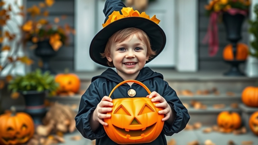 Child holding bright orange pumpkin bucket on Halloween, exploring cannabis edibles myth.
