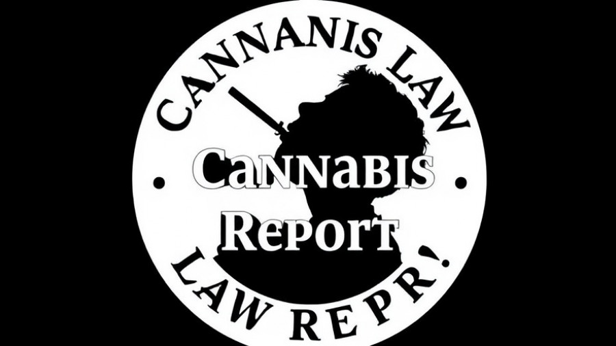 Monochrome logo with silhouette of person smoking, Cannabis Law Report.