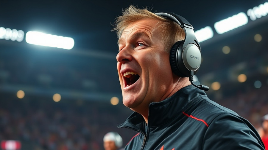 Energetic coach passionately engaged in directing at a football game, related to Kenny Dillingham coaching rumors.