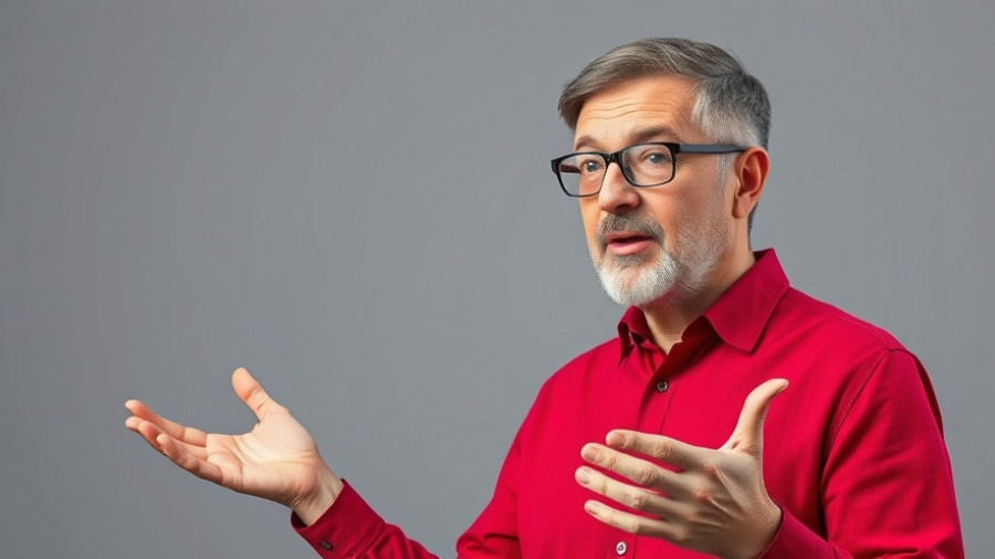 Middle-aged man explaining a concept in a red shirt.