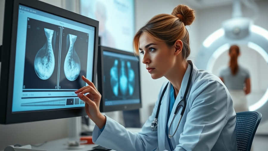 Doctor analyzes mammogram; AI technology in breast cancer detection.