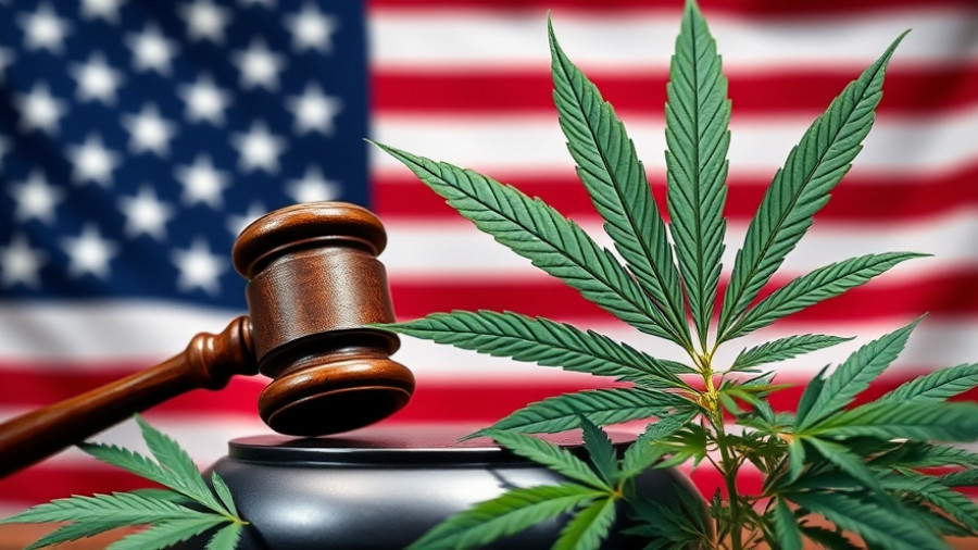 Cannabis Legalization Enthusiasts concept with American flag, gavel, and leaf.
