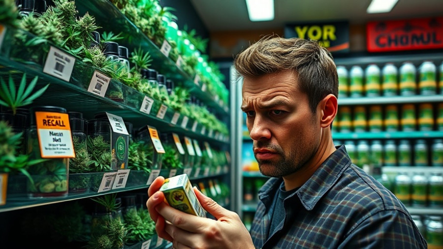 Cannabis display in New York with product recall notices.