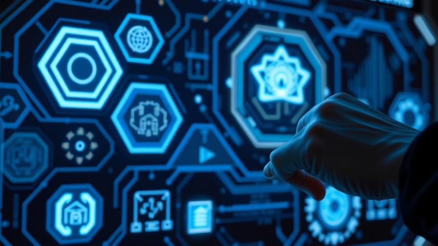 Digital interface with icons and pointing hand, high-tech theme.