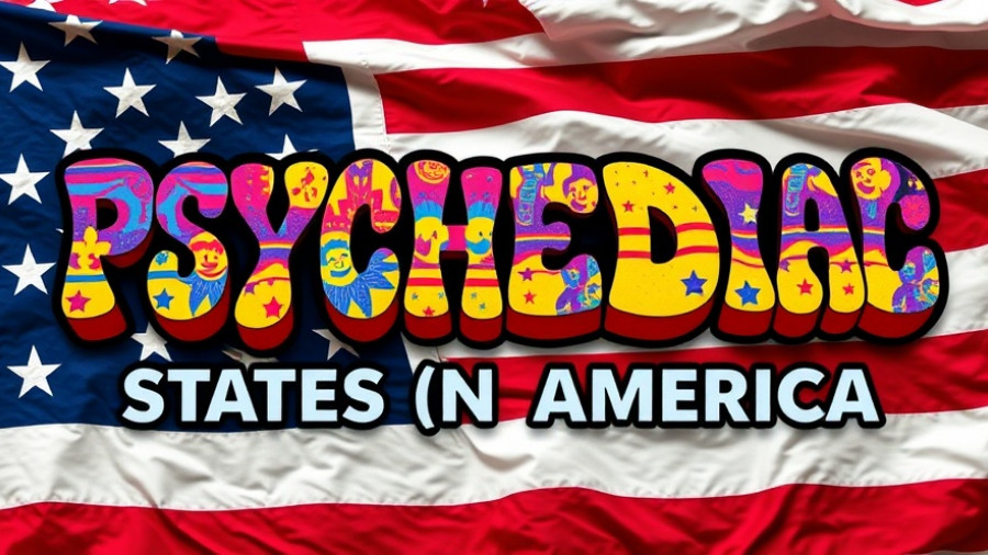 Psychedelics Media Coverage on American flag, bold text overlay.