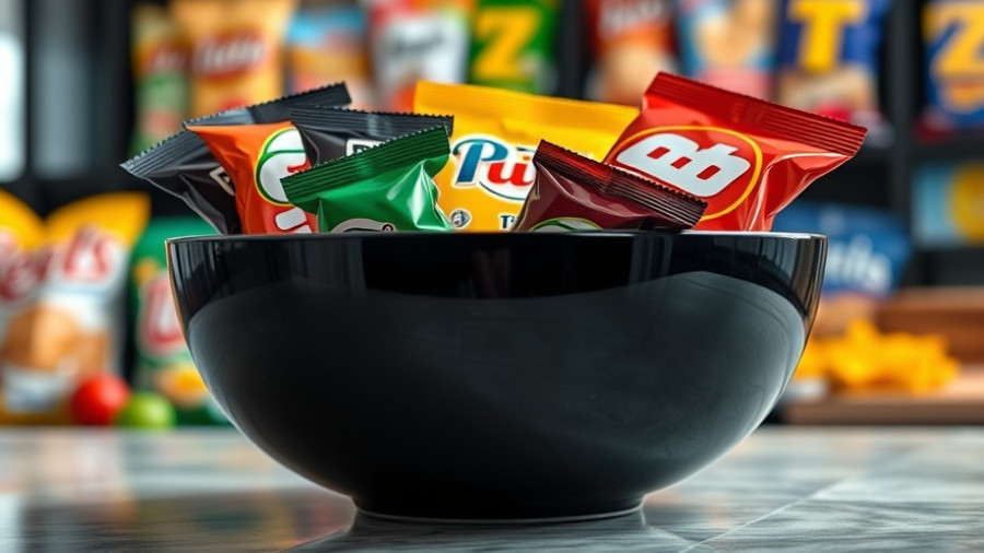 Colorful snacks in a bowl near various branded packages.