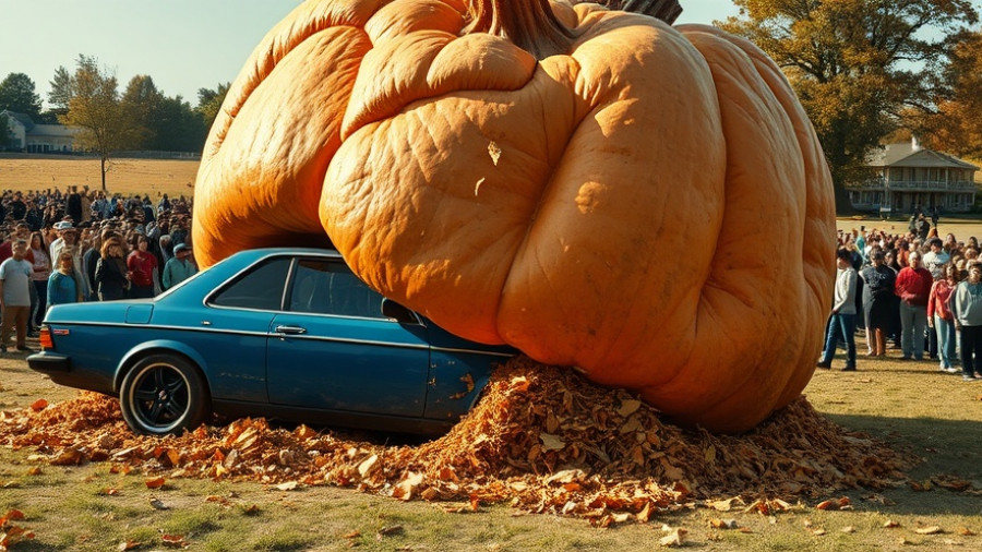 Utah pumpkin crushes car in autumn event with spectators.