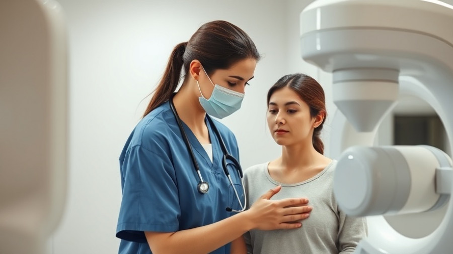 Healthcare professional assisting woman with mammogram for breast calcifications.