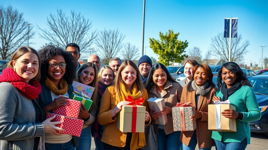 Foster Alliance Holiday Toy Drive participants with toys and smiles in a parking lot.