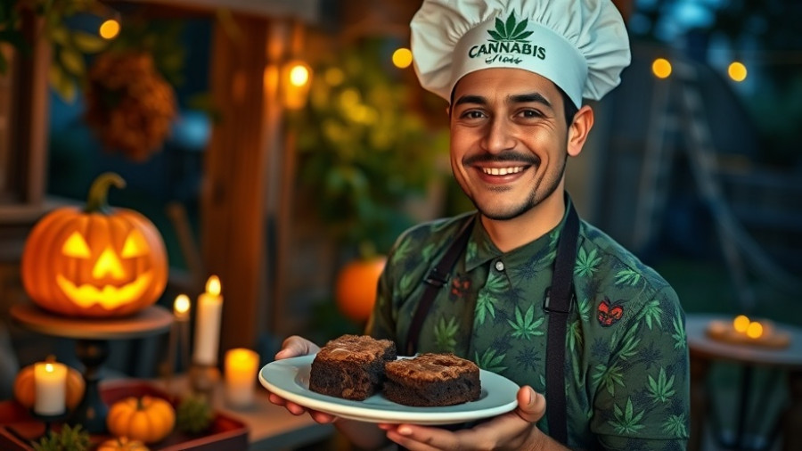 Cannabis news in Illinois: Halloween-themed image with pumpkin and cook in cannabis apron.