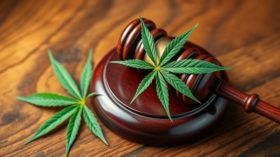 Gavel with cannabis leaf on wooden surface, cannabis industry news.