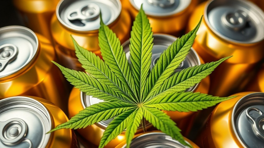 Cannabis leaf among golden beverage cans, representing cannabis industry news.
