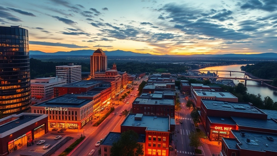 Skyline of Greenville SC at dusk showcasing vibrant lights and evening activity.
