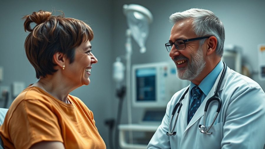 Smiling doctor and happy patient in a hospital setting.