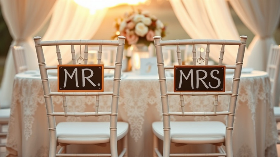 Elegant wedding setup with 'MR.' and 'MRS.' chairs, soft lighting.