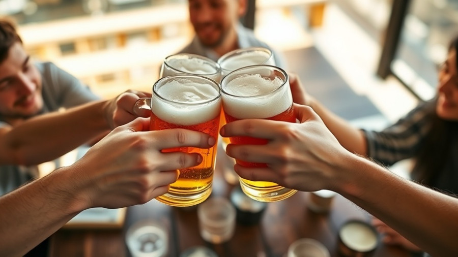 People toasting with beer mugs, Alcohol and Cancer Risk Awareness.
