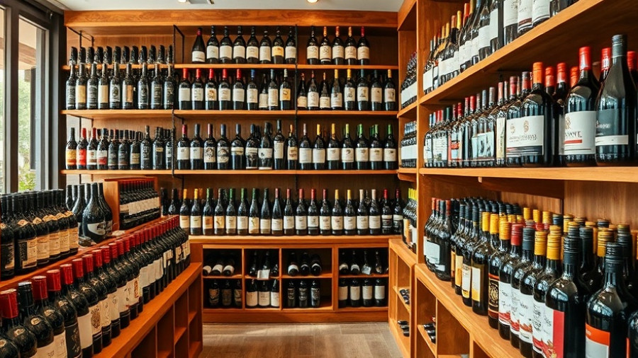 Neatly arranged wine bottles on shelves for Halloween candy wine pairings.