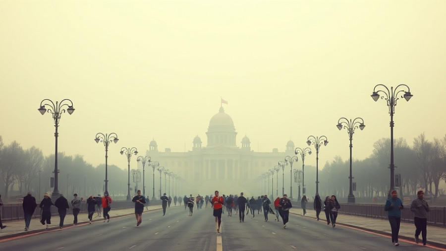 Delhi air pollution crisis captured as joggers move under smog.