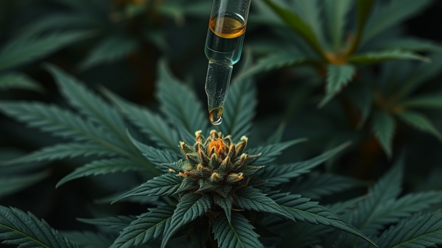 Cannabis plant and dropper bottle, serene natural setting