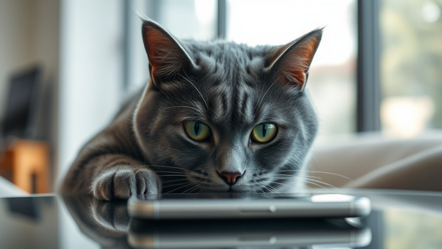 Curious gray cat examining smartphone with mugshot, Maricopa County court issue pets.