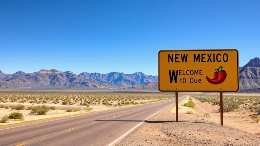 New Mexico welcome sign in desert landscape, cannabis industry news.