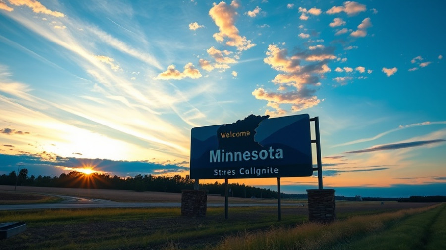 Minnesota welcome sign glowing under a blue sunset sky.