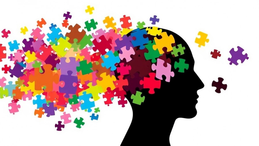 Abstract mental health concept of a puzzle head with floating pieces.