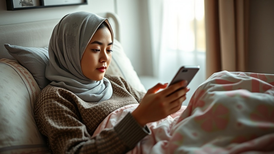 Young woman managing long-term illness at home, resting with phone.