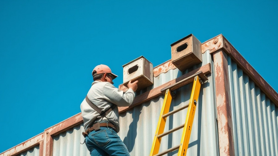 Person checking bat boxes on building in Travelers Rest.
