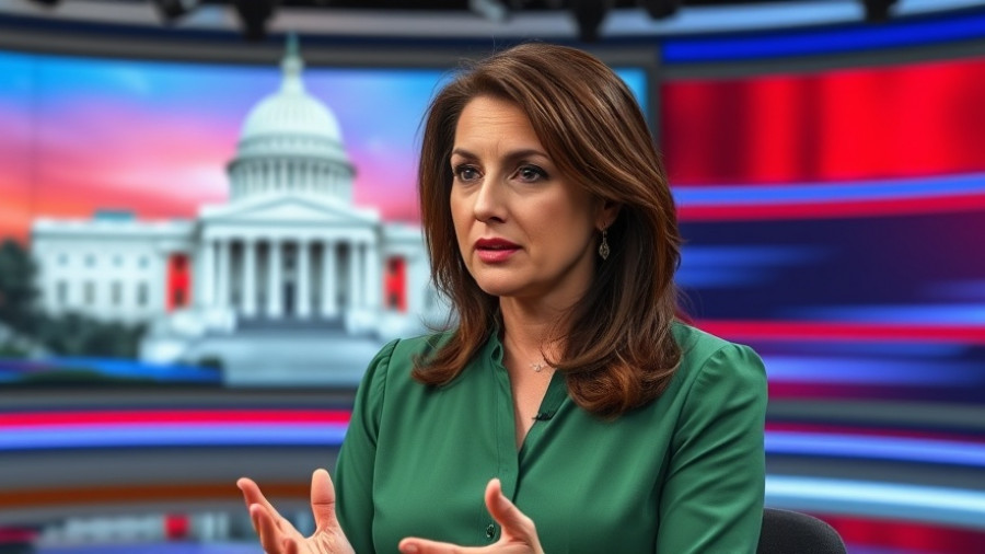 Professional woman discussing Scottsdale Axon headquarters deal on news set.