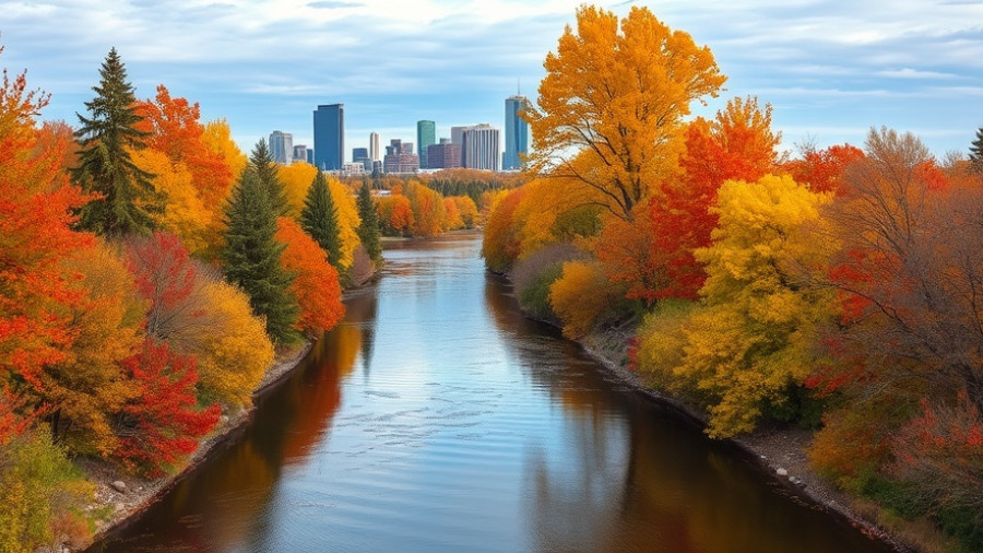 Vibrant autumn scene in Saskatoon with colorful trees and river.