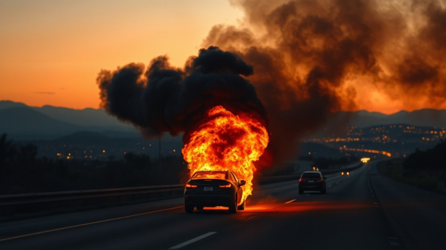 I-10 traffic incidents: vehicle fire at dawn with thick smoke.