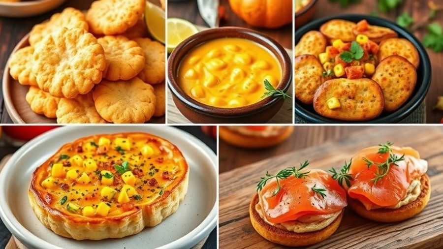 Assortment of savory fall appetizers including cheese biscuits, corn dip, tart, and salmon crostini.