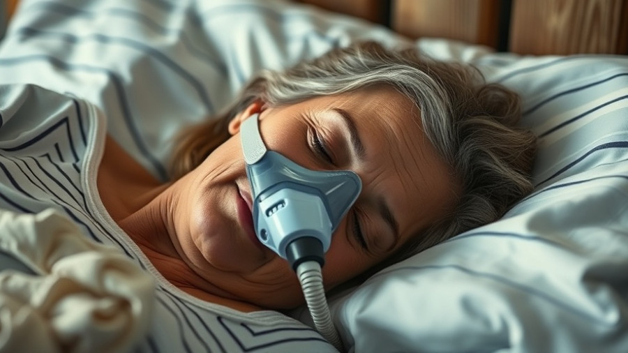 Middle-aged woman with CPAP mask for obstructive sleep apnea.