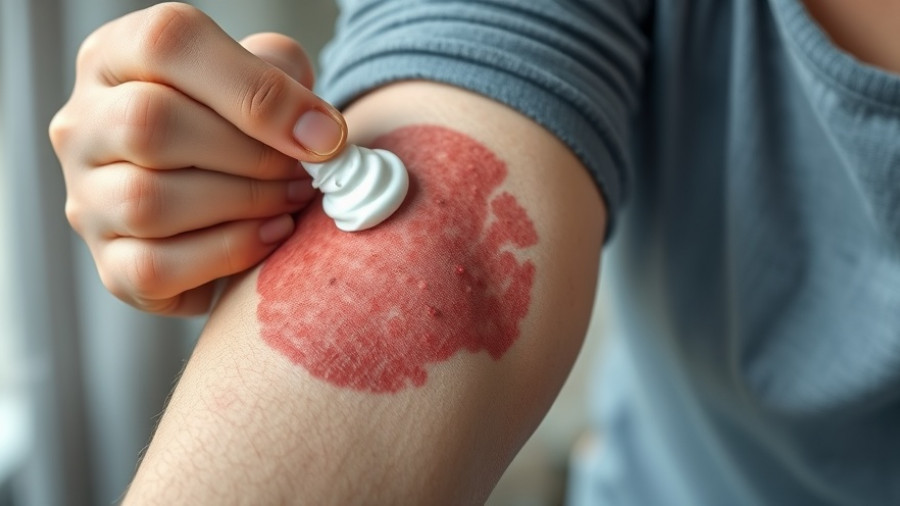 Close-up of psoriasis skin being treated on elbow, showcasing texture and care.