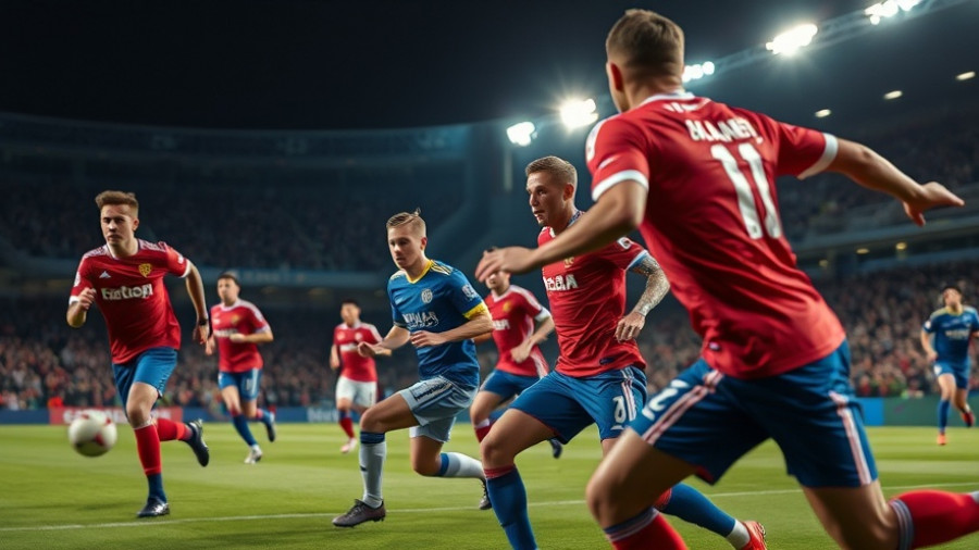 Dynamic soccer playoff match, players in action, night stadium