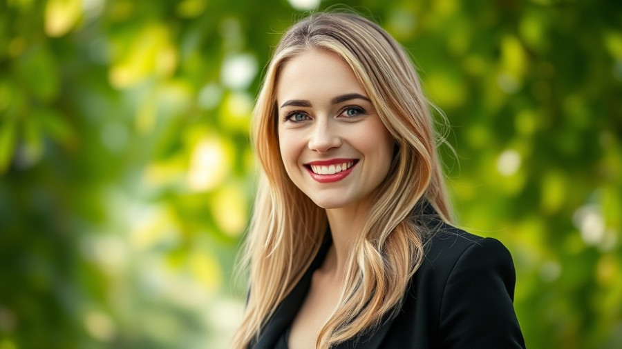 Professional woman smiling against a lush green background, related to California cannabis industry news.